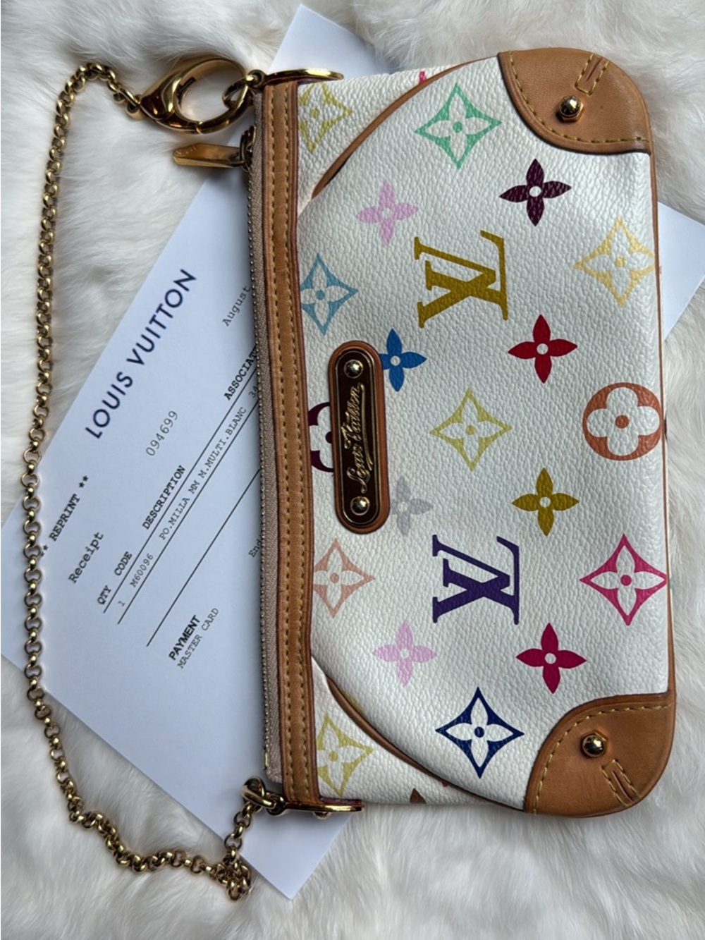 Louis Vuitton White Multicolor Monogram Mini wristlet clutch milla Gold Chain